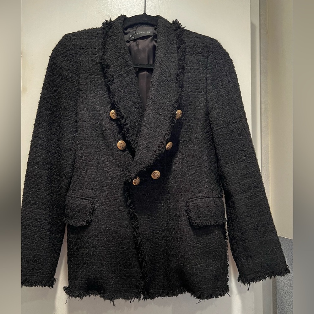 💛 Zara Black Tweed Frayed Blazer S 💛 - Picture 5 of 11